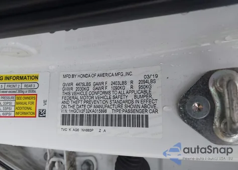 2019 Honda Accord Sport 2.0T из США, поврежденный, VIN 1HGCV2F32KA015898